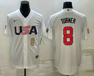 Men%27s USA Baseball #8 Trea Turner Number 2023 White World Baseball Classic Stitched Jerseys